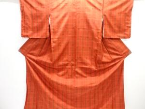 未使用品　格子に絣柄織り出し米沢紬着物アンサンブル